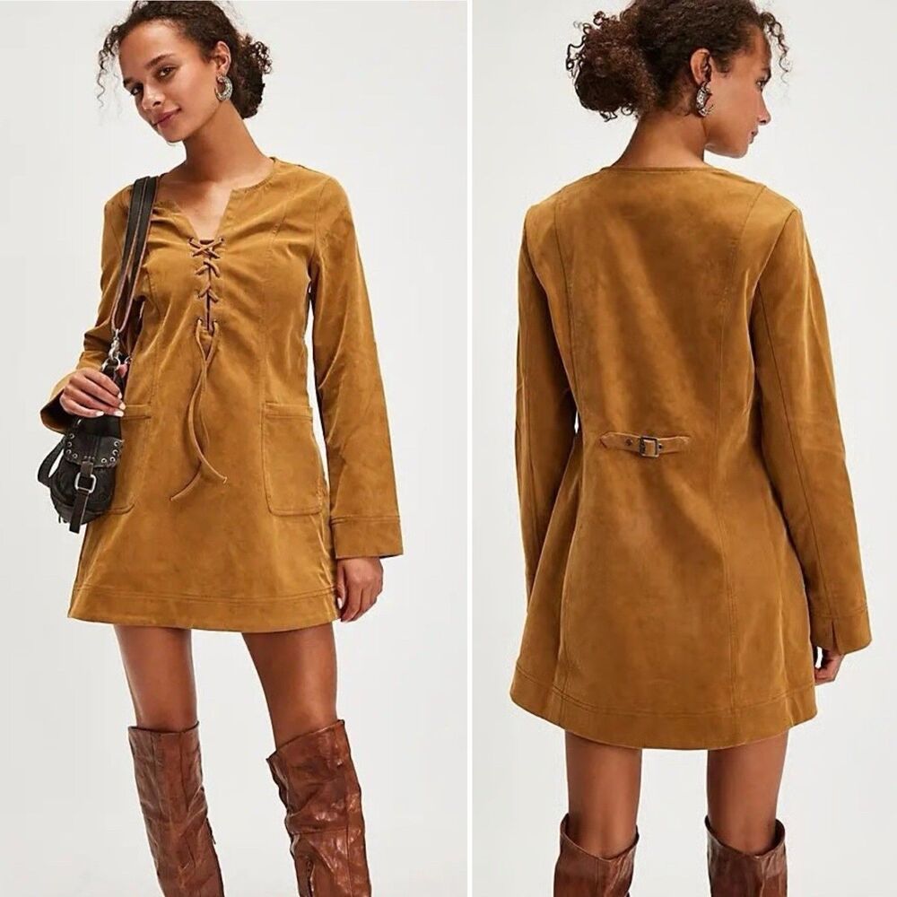Free People Bradley Faux Suede Mini Dress in Tan- Size  Small Petite - NWOT - Picture 16 of 16